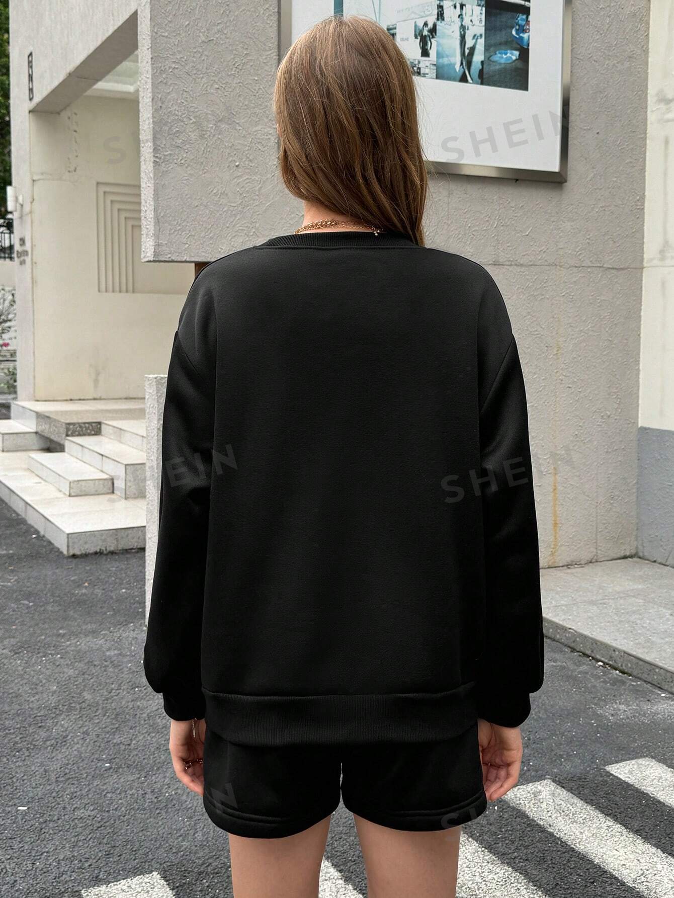Letter Graphic Drop Shoulder Hoodie & Drawstring Waist Shorts