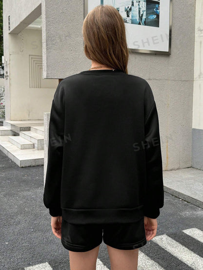 Letter Graphic Drop Shoulder Hoodie & Drawstring Waist Shorts