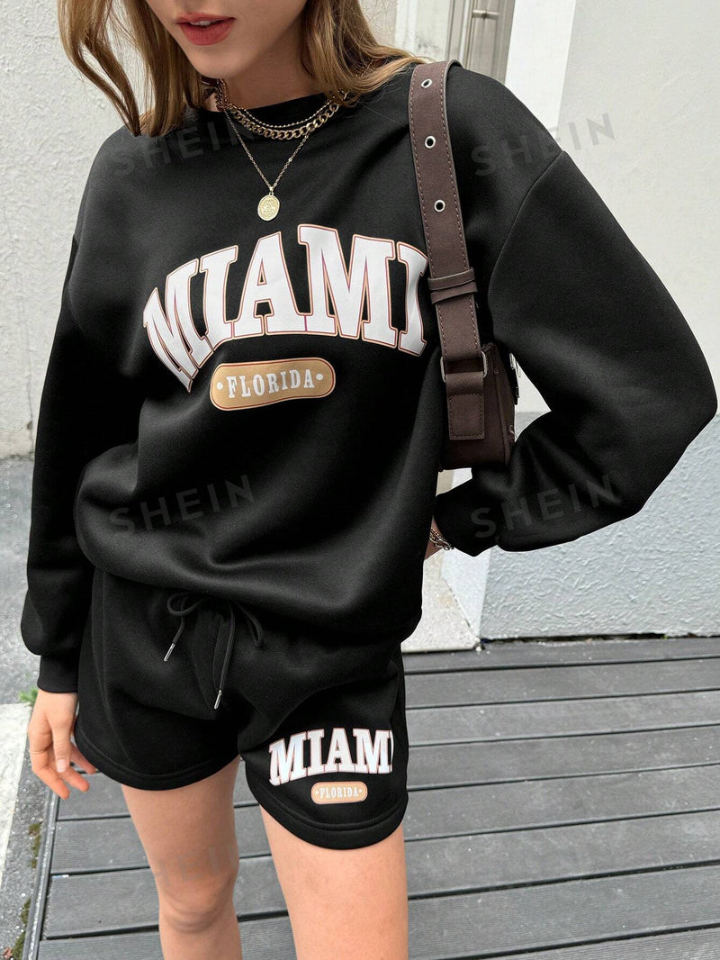 Letter Graphic Drop Shoulder Hoodie & Drawstring Waist Shorts
