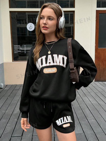 Letter Graphic Drop Shoulder Hoodie & Drawstring Waist Shorts