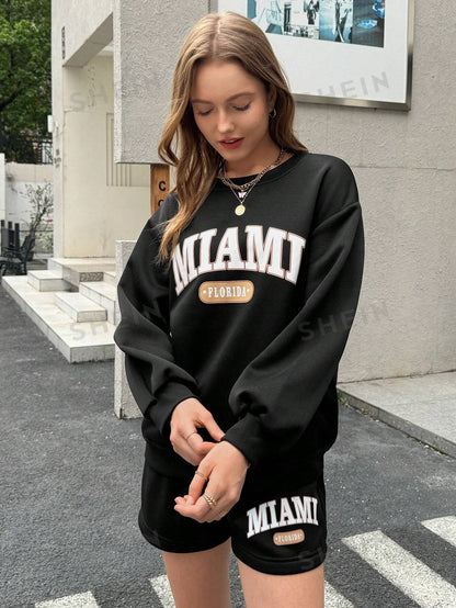 Letter Graphic Drop Shoulder Hoodie & Drawstring Waist Shorts