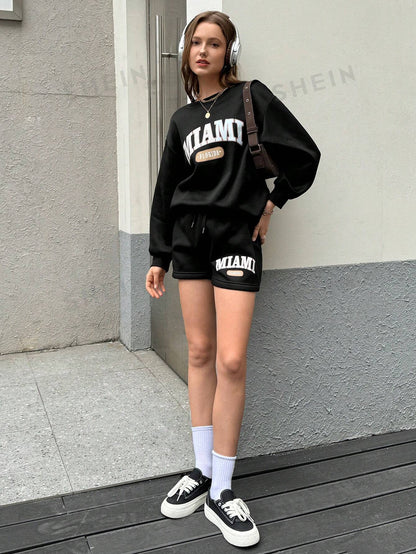 Letter Graphic Drop Shoulder Hoodie & Drawstring Waist Shorts