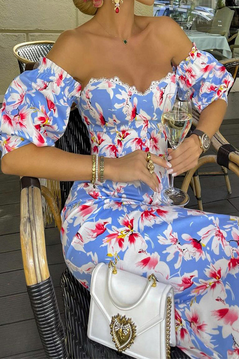 Print Backless Off Shoulder Wrapped Skirt Dresses