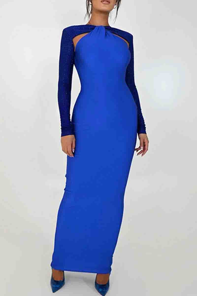Hollow Out Patchwork Contrast O Neck Long Dresses(3 Colors)