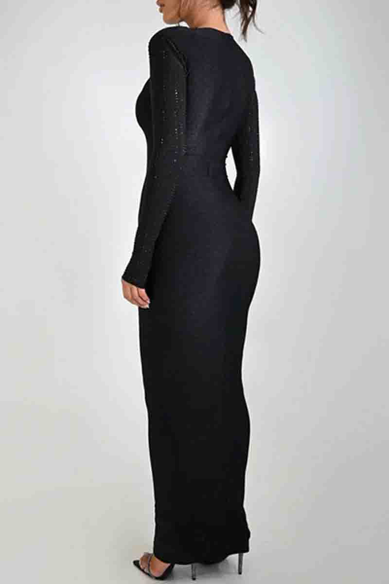 Hollow Out Patchwork Contrast O Neck Long Dresses(3 Colors)