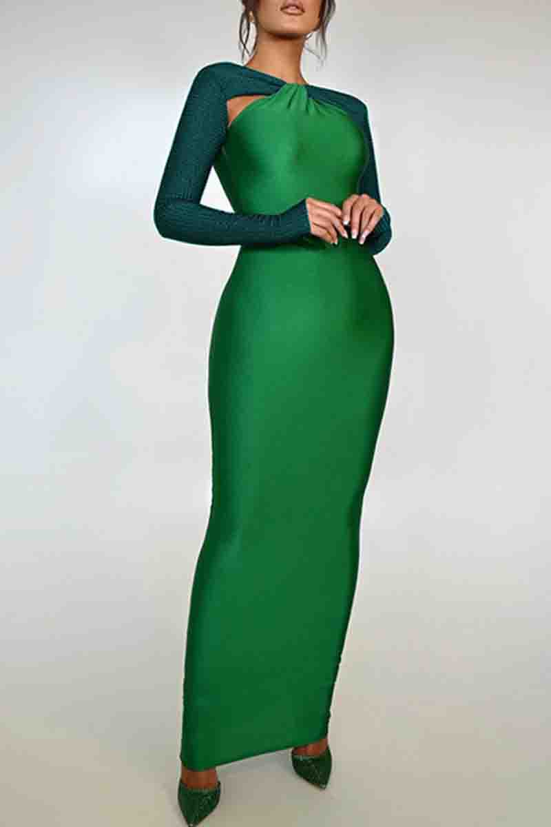 Hollow Out Patchwork Contrast O Neck Long Dresses(3 Colors)