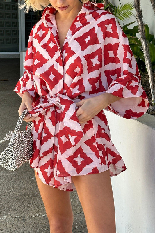 Print Rhombus Lace Up Contrast Turndown Collar Loose Rompers