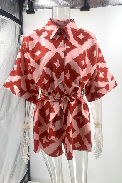 Print Rhombus Lace Up Contrast Turndown Collar Loose Rompers