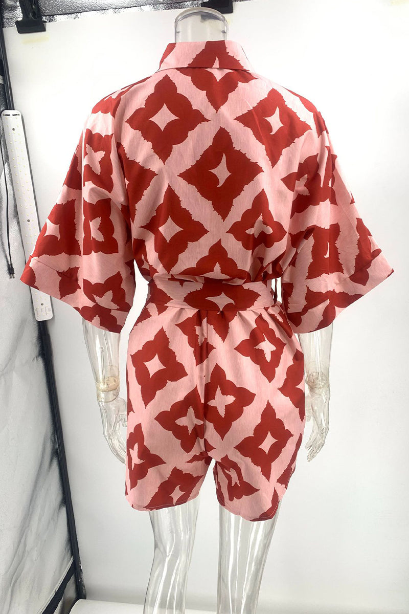 Print Rhombus Lace Up Contrast Turndown Collar Loose Rompers