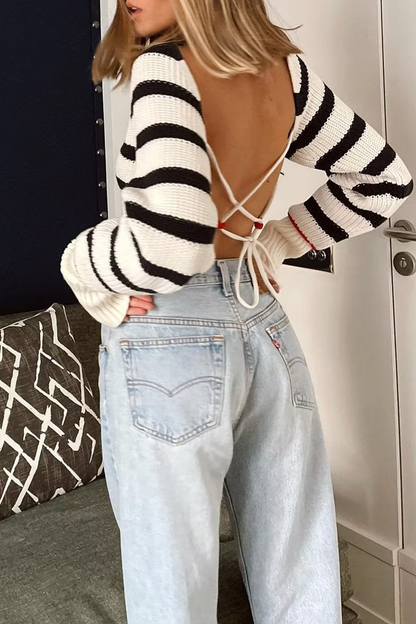 Stripe Lace Up Backless Weave Contrast O Neck Sweaters