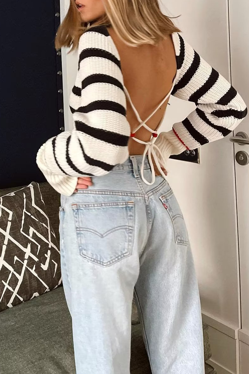 Stripe Lace Up Backless Weave Contrast O Neck Sweaters