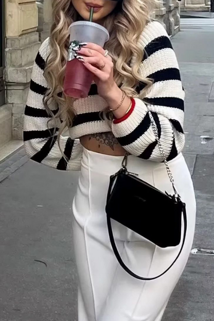Stripe Lace Up Backless Weave Contrast O Neck Sweaters
