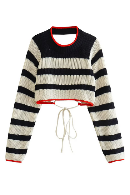 Stripe Lace Up Backless Weave Contrast O Neck Sweaters