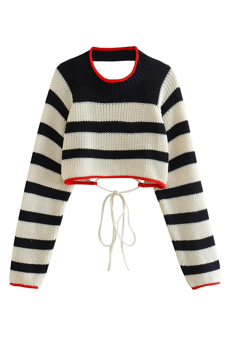 Stripe Lace Up Backless Weave Contrast O Neck Sweaters