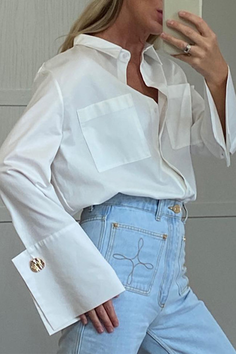 Street Pocket Buttons Turndown Collar Blouses