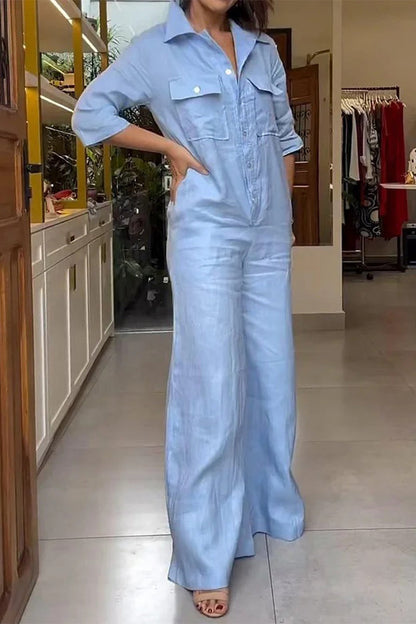 Daily Pocket Turndown Collar Loose Jumpsuits