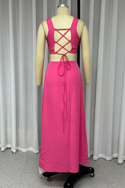 Color Hollow Out Backless Strap Design O Neck One Step Skirt Dresses