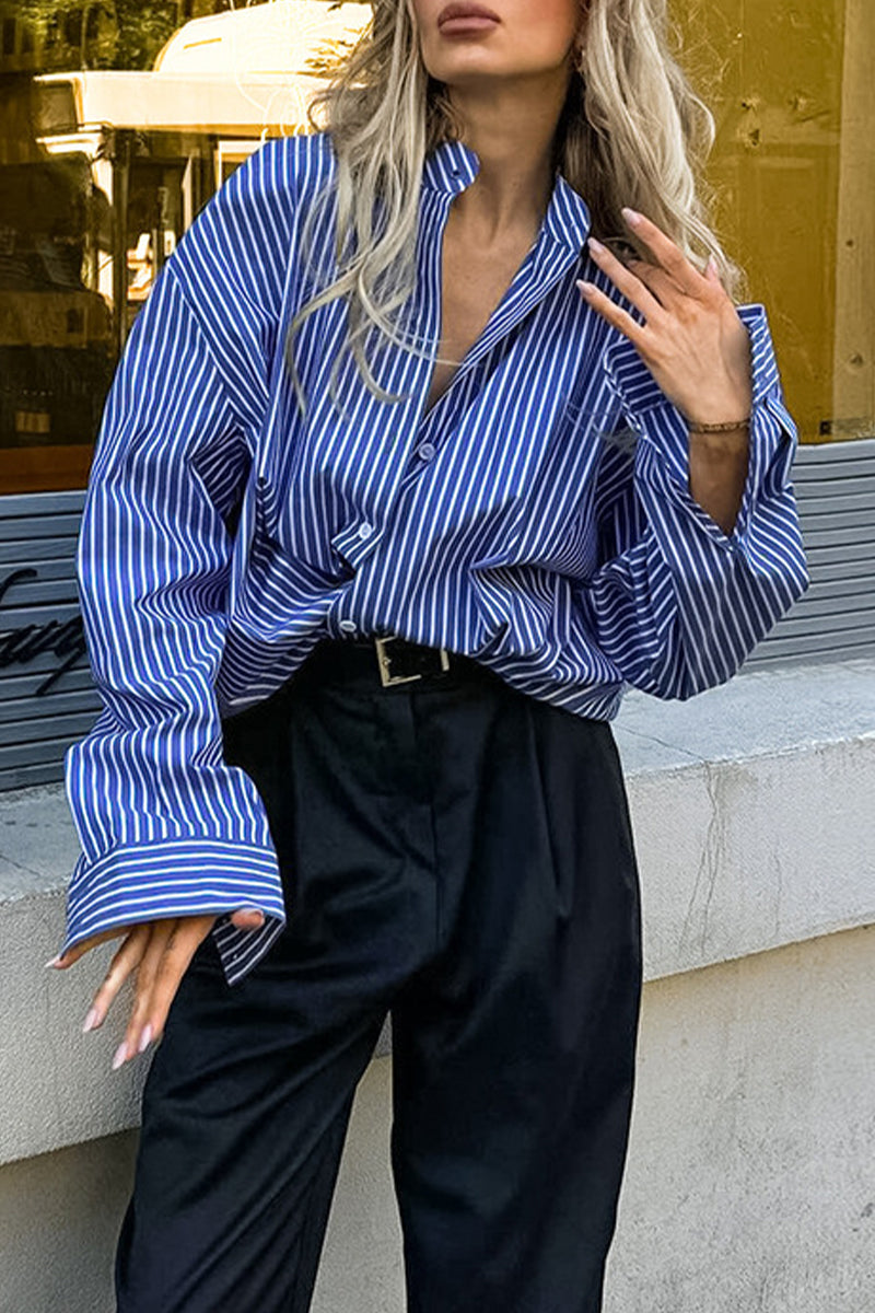 Street Striped Print Buttons Turndown Collar Blouses