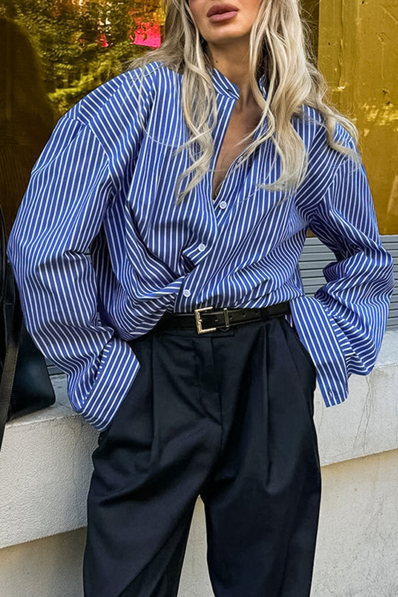 Street Striped Print Buttons Turndown Collar Blouses