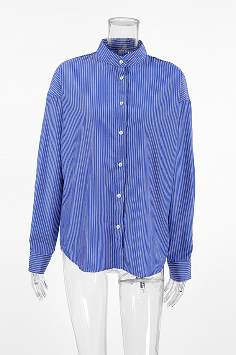 Street Striped Print Buttons Turndown Collar Blouses