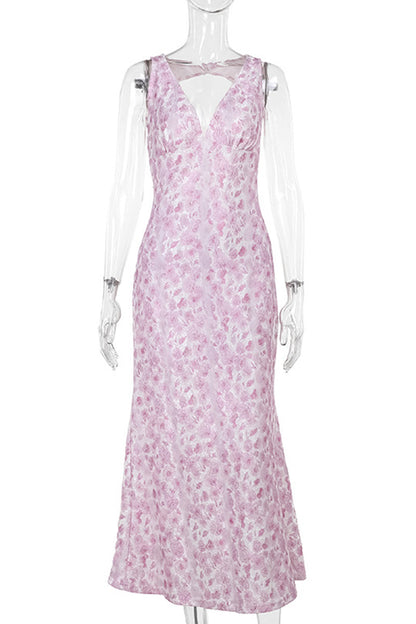 Print Patchwork Backless V Neck Long Dresses