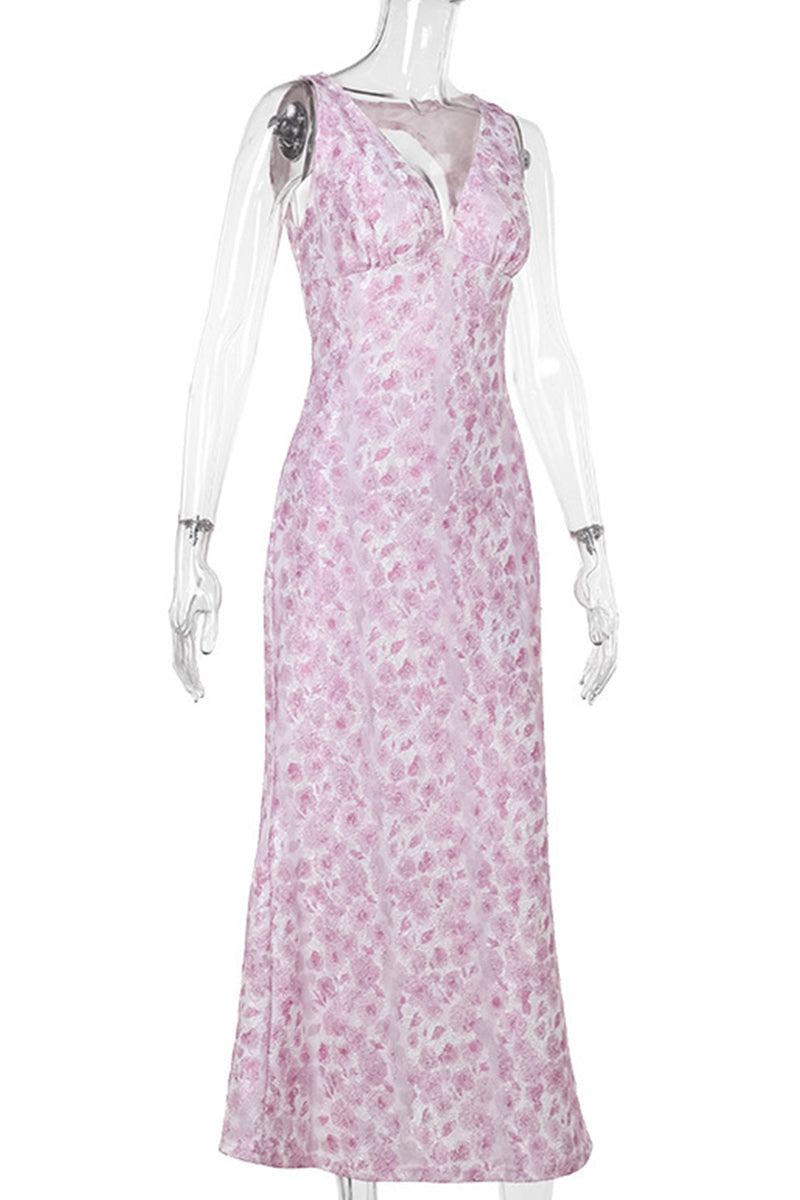 Print Patchwork Backless V Neck Long Dresses