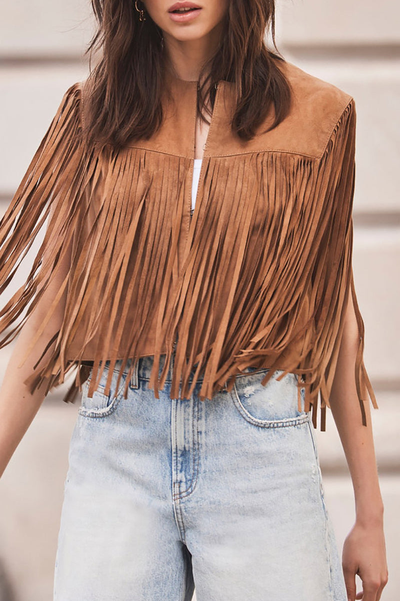 Street Fringed Trim O Neck Waistcoats