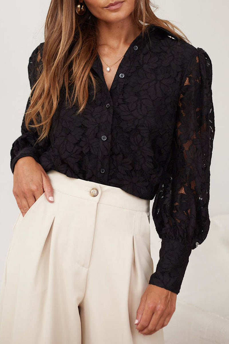 Lace Hollow Out Turndown Collar Blouses