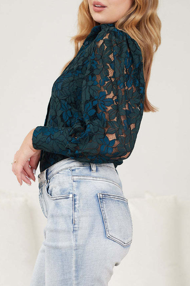 Lace Hollow Out Turndown Collar Blouses