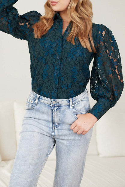 Lace Hollow Out Turndown Collar Blouses