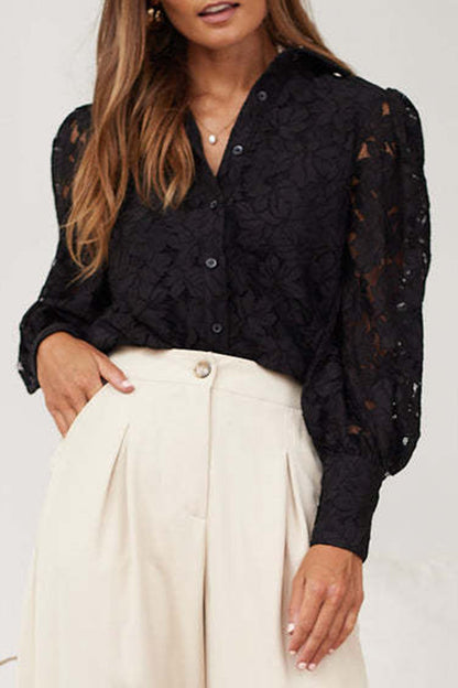 Lace Hollow Out Turndown Collar Blouses