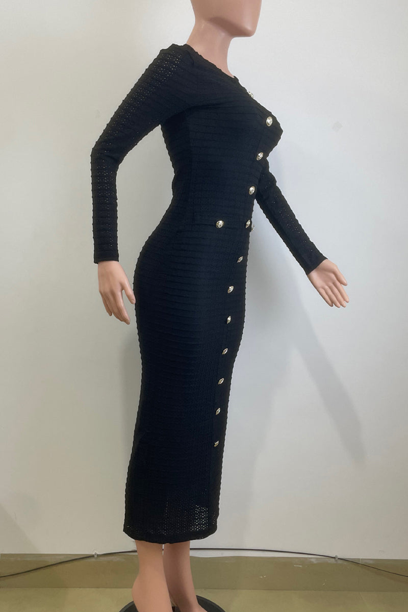 Color Buckle Patchwork O Neck Long Dresses