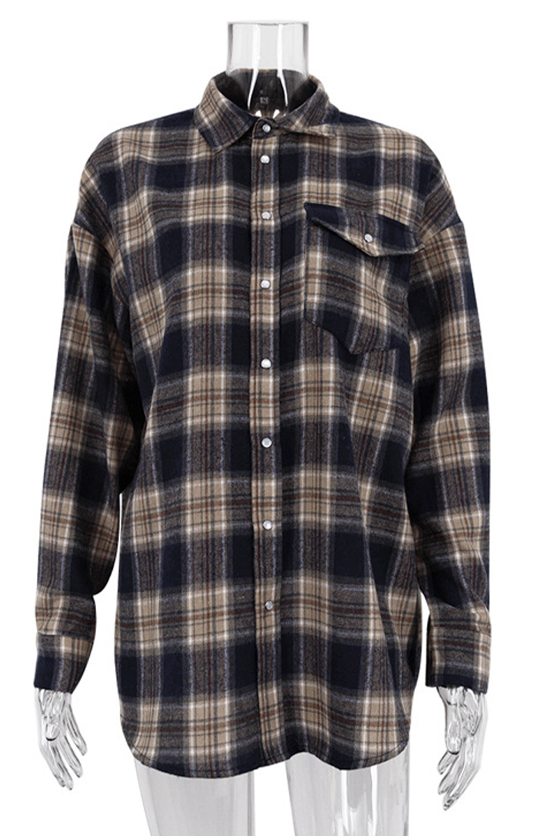 Plaid Pocket Buttons Contrast Turndown Collar Blouses