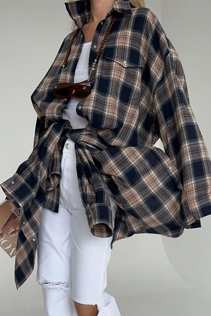 Plaid Pocket Buttons Contrast Turndown Collar Blouses