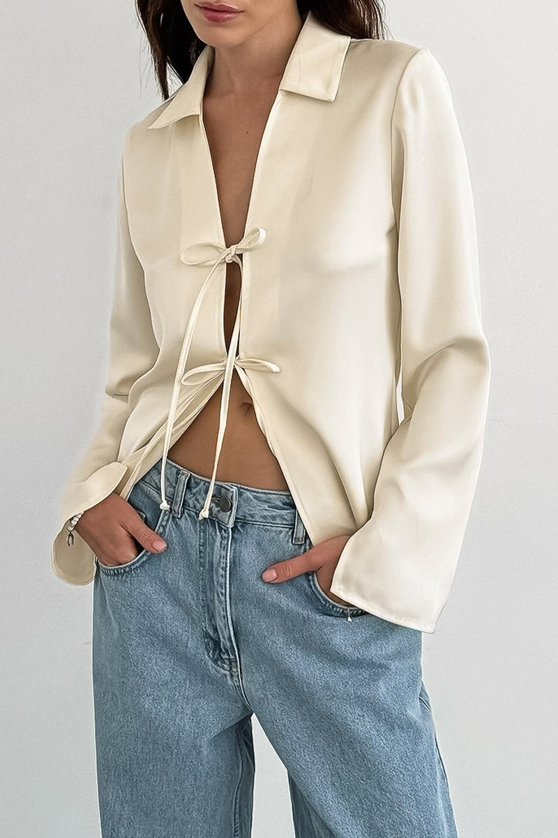 Lace Up Turndown Collar Blouses