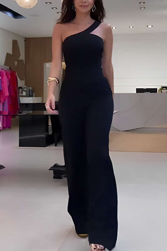 Street Color Irregular Oblique Collar Regular Jumpsuits