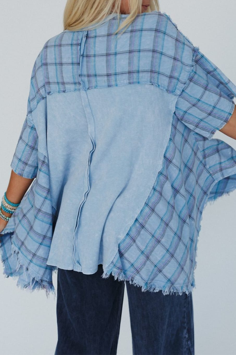 Plaid Distressed Patchwork Contrast V Neck T-shirts