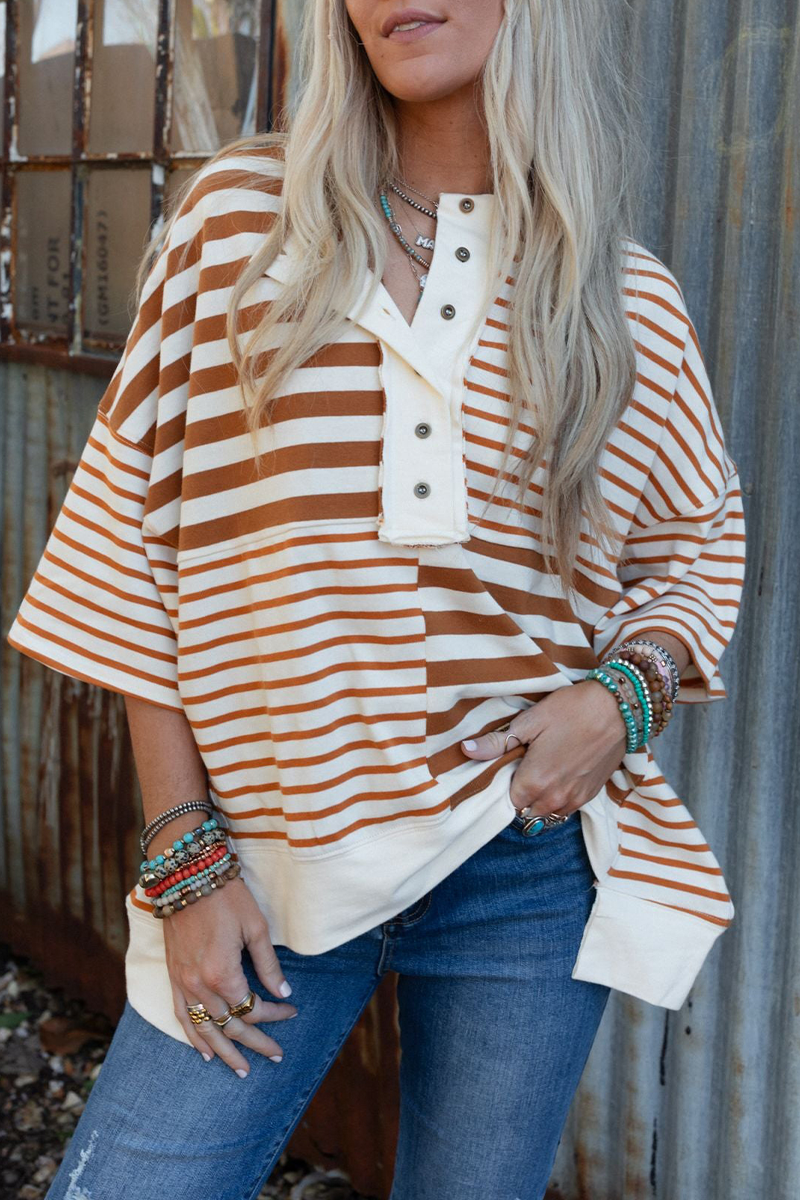 Stripe Buttons Patchwork Contrast O Neck T-shirts