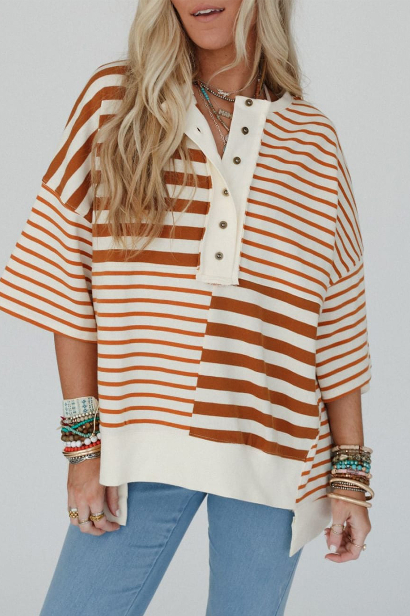 Stripe Buttons Patchwork Contrast O Neck T-shirts