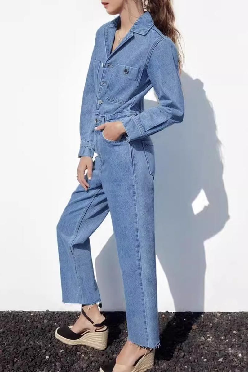 Street Color Pocket Buttons Turndown Collar Long Sleeve Loose Denim Jumpsuits