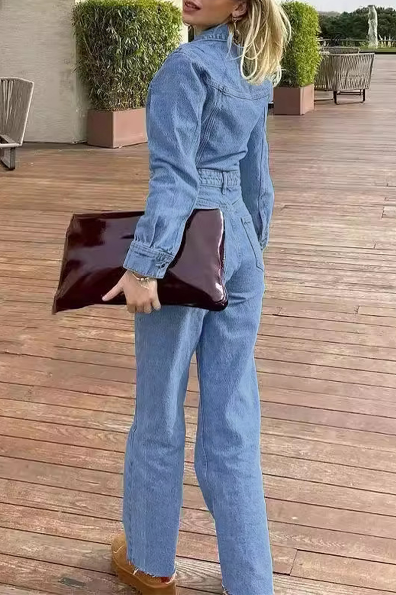 Street Color Pocket Buttons Turndown Collar Long Sleeve Loose Denim Jumpsuits