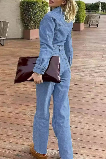 Street Color Pocket Buttons Turndown Collar Long Sleeve Loose Denim Jumpsuits