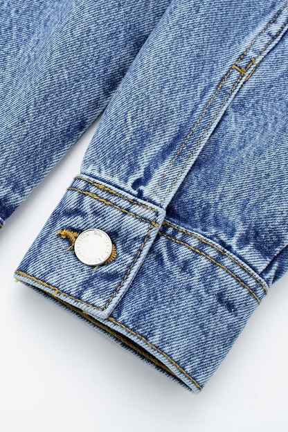 Street Color Pocket Buttons Turndown Collar Long Sleeve Loose Denim Jumpsuits