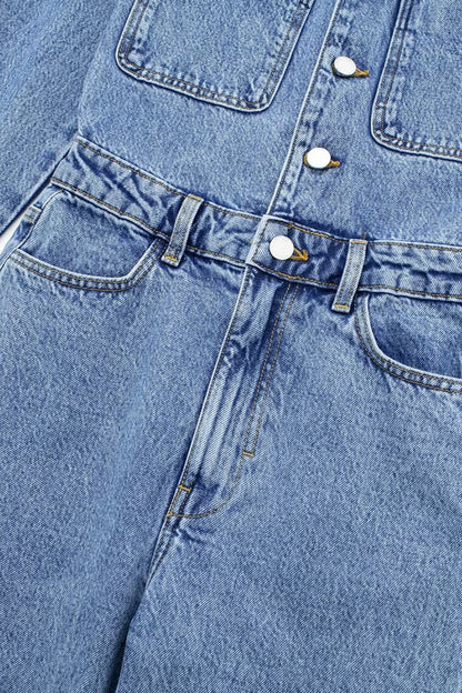 Street Color Pocket Buttons Turndown Collar Long Sleeve Loose Denim Jumpsuits
