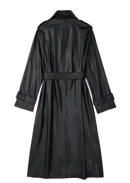 Black Belted Long Leather Wind Coat for