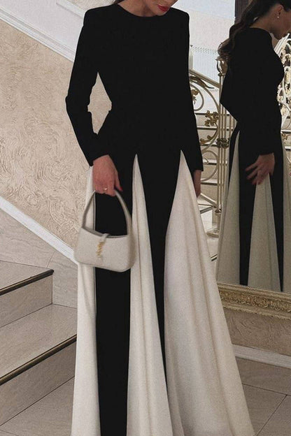 Color Contrast O Neck Long Dresses