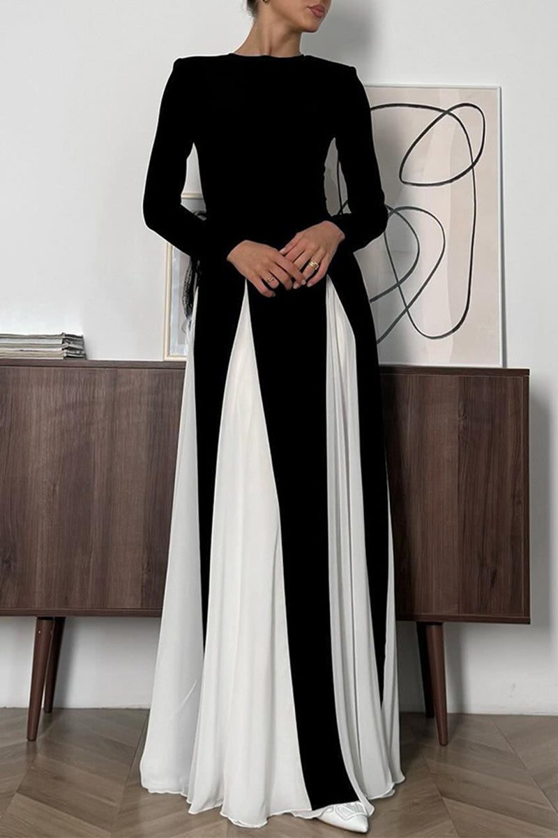 Color Contrast O Neck Long Dresses
