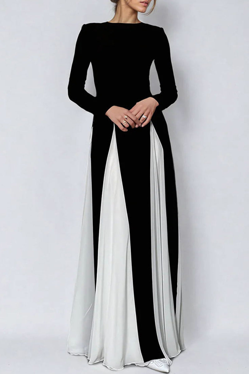 Color Contrast O Neck Long Dresses