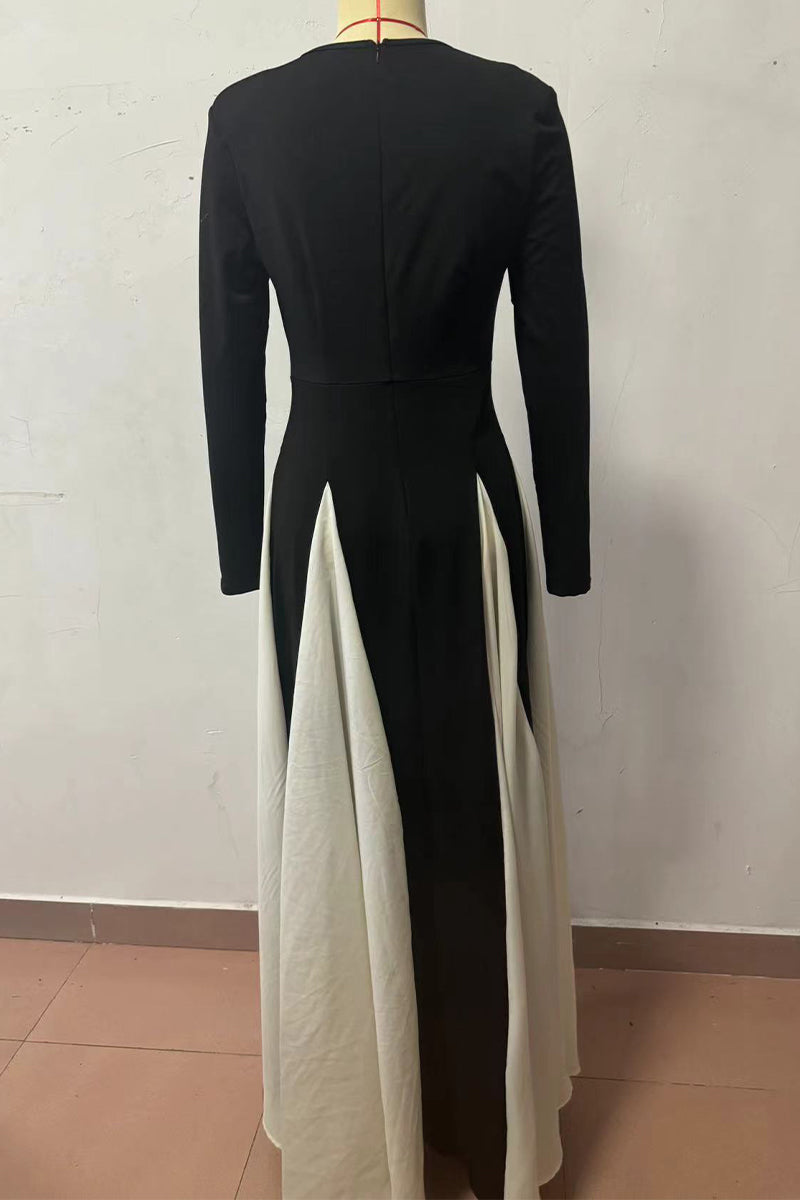 Color Contrast O Neck Long Dresses