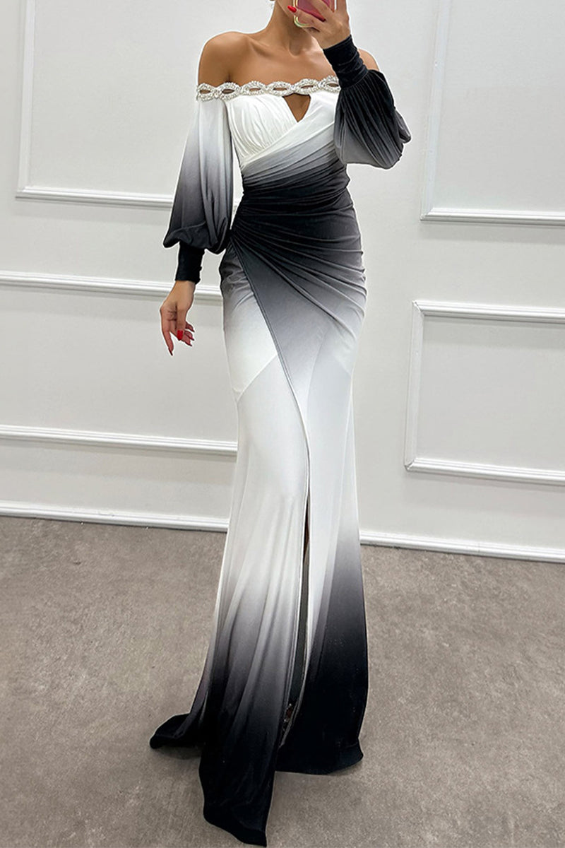 Prom Gradient Print Slit Ruched Contrast Off Shoulder Long Dresses(7 Colors)